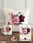 ALDIVO Cotton Satin Gift For Mother | Combo Pack (12" X 12" Cushion Cover With Filler + Printed Coffee Mug +Greeting Card + Printed Key Ring) (Love You Mom)