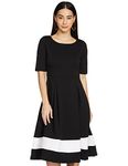 Amazon Brand - Symbol Women's Crepe Fit and Flare Midi Dress (SYMSS22WDR602_Jet Black_M)