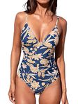 CUPSHE Women Swimsuit One Piece V Neck Tummy Control Ruched Front Low Back Bathing Suit Swimwear Navy Paisley Print L