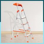 Houza 4 Step Foldable Aluminium Ladder for Home with Tool Tray | Ladder with Anti-Slip Shoes | Slip Prevention Steps | Durable, Heavy Duty, Safe, and Stylish | Made in India (Orange)