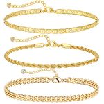 DEARMAY Gold Ankle Bracelets for Women Waterproof 3Pcs 14K Gold Plated Anklets Layered Cuban Link Chain Herringbone Dainty Cute Anklets Set Pack Summer Beach Jewelry Gift for Women, 8.5in, Yellow