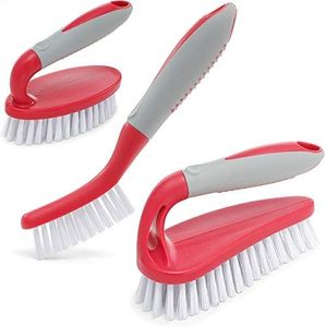 Scrub Brush Set of 3pcs - Cleaning Shower Scrubber with Ergonomic Handle and Durable Bristles - Grout Cleaner Brush - Scrub Brushes for Cleaning Bathroom/Shower/Tile/Kitchen/Floor/Bathtub/Carpet (RED)