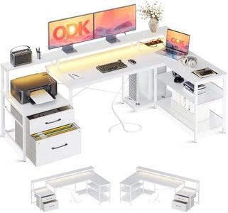 ODK Bureau avec Tiroirs, Grand Bureau d'angle Réversible avec LED, Bureau en L avec Multiprise, Blanc 172.5×100 cm
