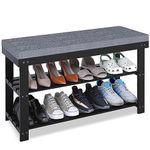 SMIBUY Shoe Rack Bench, 3-Tier Sturdy Bamboo Shoe Organizer with Upholstered, Storage Shelf for Entryway, Hallway, Bedroom or Living Room, 87 x 30 x 49 cm, (Black and Grey)