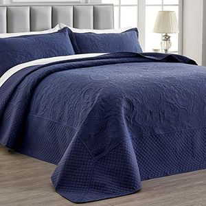 Qucover Oversized King Bedspreads, 3 Piece Soft Microfiber Lightweight Oversized King Quilt 128x120, Elegant Paisley Ultrasonic California King Bedspread Bedding Coverlets, Navy Blue