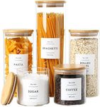 CZSZYGHBAO 5 Pack Glass Jars with Bamboo Airtight Lids - Stackable Food Storage Containers with 132 Pantry Labels - with Wood Lid for Candy, Cookie, Rice, Sugar, Flour, Pasta, Nuts