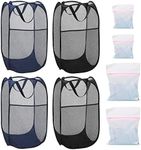 4Pcs Mesh Pop Up Laundry Hamper, FHDUSRYO Foldable Pop Up Hamper, Collapsible Laundry Basket with Carry Handles, Portable Dirty Clothes Basket with 4 Wash Bags, Mesh Hamper for Dorm Bedroom Travel