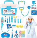 Doctor Kit for Kids, 33 PCS Durable Doctor Toy Dentist Medical Kit with Stethoscope and Doctor Costume, Pretend Play Doctor Playset for Toddler Boys Girls 3 4 5 6 Years Old (Blue Box with Costume)