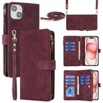 Jaorty Fit for iPhone 15 (5G 2023) Wallet Case for Women with Strap,for iPhone 15 Crossbody Phone Case with Card Holder,Shoulder Lanyard,[9 Card Slots] Zipper PU Leather Case 6.1 Inch,Burgundy