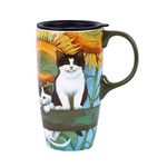 Ceramic Mug Large Coffee Cup Tall Travel Mugs Porcelain Latte Tea Cup with Lid 17oz.Sunflower and Cat