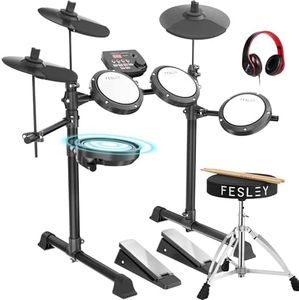 Fesley FED150W Electric Drum Set: Electronic Drum Set with 4 Quiet Mesh Drum Pads, Dual Zone Snare Drum, 2 Cymbals w/Choke, Portable Drum Kit for Beginner, Bluetooth, MIDI, Throne, Headphone, Sticks