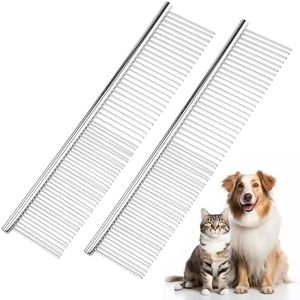 2Pcs Stainless Steel Dog Comb, Round Tooth Cat Comb with 2 Tooth Widths, Metal Combs for Removing Knots and Tangles, Grooming Tool for Long and Short Hair Pets, 7.5 IN Silver
