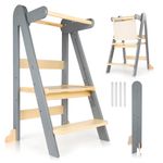 Toddler Learning Tower with Foldable Design, 3-Level Adjustable Height, Safety Guardrail & Anti-Tip Protection - Ideal for Kitchen Counter Helper, Family Mealtime & Bathroom Use (Grey)