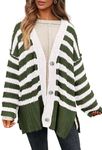 PRETTYGARDEN Women's Winter Striped Cardigan Sweaters Long Sleeve Button Down Open Front Chunky Knit Oversized Sweater Coat (Striped Army Green White,Small)