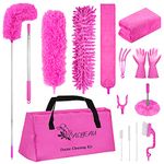 CALBEAU 15PCS Microfiber Feather Duster Set Bendable & Washable with 100-inch Extension Pole Dusters for Cleaning High Ceiling Fan, Blinds, Cars, Furniture, Cleaning Tools Kit for Women