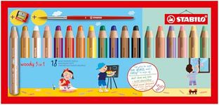 STABILO Woody 3-in-1 Coloured Pencil Case with 18 Colouring Pencils + 1 Pencil Sharpener + 1 Round Brush Size 8-6 Pastel