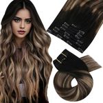 Moresoo Clip in Human Hair Extensions Balayage Black to Dark Brown with Dark Blonde Human Hair Clip in Extensions Ombre Double Weft Clip in Hair Extensions Human Hair 7pcs/120g 24inch