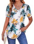 Zeagoo Women's Puff Short Sleeve Boho Shirts Casual V Neck Floral Solid Summer Blouse Pleated Casual Tunic Top, Dh637, Medium