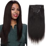 ABH AmazingBeauty Hair Real Remy Thick Yaki Straight Clip Ins Black Hair Extensions for African American Relaxed Hair 7 Pieces 120 Gram Per Set, 14 Inch