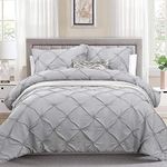 WONGS BEDDING Grey Duvet Cover Double Size Pintuck Quilt Cover Soft Microfiber Duvet Cover with Zipper Closure (3 Pieces, 200x200cm)