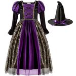 Fir Girl Witch Costume Set For Girls Halloween Witch Dress With Black Hat Purple Halloween Costumes (Black, 6-7 Years)