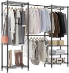 Homdox Heavy Duty Garment Rack with Extendable Hanging Rods, Adjustable Metal Clothing Rack for Hanging Clothes, Freestanding Closet Wardrobe Clothes Rack with Wire Storage Shelves, Black