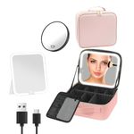 Dravina Portable Cosmetic Organizer with 3 Color LED Magnetic Mirror, Adjustable Dividers,10X Magnifying Mirror & is Waterproof| Travel Vanity Case for Women (Small, Blush Pink)