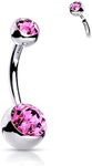 FIFTH CUE 14G Solid G23 Implant Grade Titanium INTERNALLY THREADED Double Jeweled Naval Belly Ring (PINK - 7/16" (11mm) | 5 & 8mm Ball)