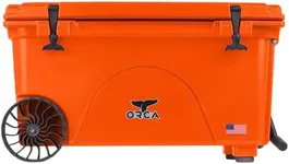 ORCA 65-Quart Insulated Rolling Cooler with Wheels and Pull Handle; Wheeled Cooler Keeps Ice Cold for Days, Rugged, Sturdy for Beach, Camping, Fishing, Travel, Road Trip, Hunting - Blaze Orange