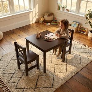 PETIT BATEAU Solid Wood Toddler Kids Table and 2 Chairs Set,Modern Wooden Furniture with Irish Designer for 2-8 Years,CaramelColor