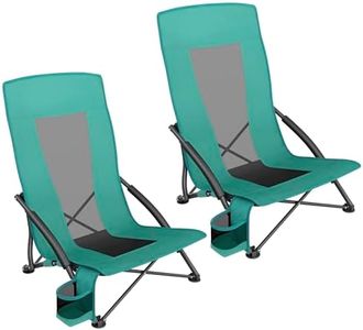 SONGMICS Portable Beach Chairs Set of 2, Folding Camping Chairs with High Backrest, Cup Holder, Outdoor Picnic Chairs, Lightweight, Heavy-Duty, Max. Load 330 lb per Chair, Green UGCB067C01