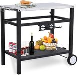 Dining Cart,Outdoor Grill Cart,Stainless Steel,with 4 Hooks, Double-Shelf,Side Handle,Wheels,Cooking Table for Outdoors, Kitchen or Backyard, Movable BBQ Trolley,Multifunctional and Commercial