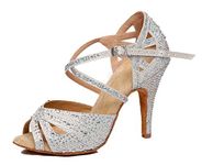 Minishion Women's Rhinestone Dance Shoes Ankle Strap Latin Salsa Dancing Heels, L390 Silver 10cm Heel, 9