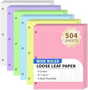 504 Sheets Loose Leaf Binder Paper, 6-Color Wide Ruled Lined Paper, 8” x 10.5”, 3-Hole Punched Notebook Paper Writing Paper for School Office