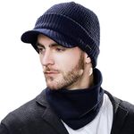 Winter Peaked Beanie Hat Men Wool Knitted Wooly Hats with Peak Visor Warm Golf Hats & Thermal Snood Fleece Neck Warmer for Ski Walking Navy L