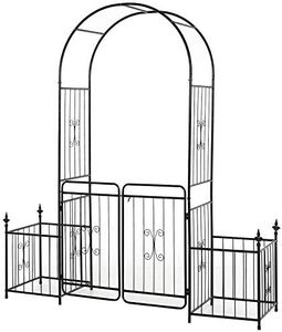 Outsunny 7.2FT Metal Garden Arbor Arch with Double Doors, 2 Side Planter Baskets, Climbing Vine Frame, Black