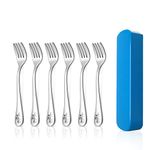 HaWare Toddler Fork, 6 Pcs Stainless Steel Kids Forks Set, Small Metal Fork with Blue Cutlery Case, Children Safe Utensils Fork for Kids’ Self Feeding, Animal Edge& Round Fork Tines, Dishwasher Safe