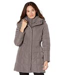 Cole Haan Women's Taffeta Down Coat with Bib Front and Dramatic Hood, Carbon, L