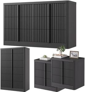 Fluted Dresser and Nightstand 4-Piece Bedroom Set, 47" Wide 6-Drawer + 49" Tall 6-Drawer Dresser and 2 of 3-Drawer Nightstand with Charging Station, Modern Bedroom Dressers Sets, Hallway, Black