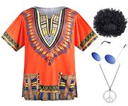 4 PCS Hippie Costume for Mens 60s 70s T-Shirt Afro Wig Accessories set for Party Cosplay 3XL