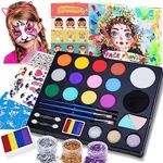 Chennyfun Mermaid Face Paint Kit, 14 Colors Face Painting Palette for Kids, Water Based Paints With 3 Brushes 2 Sponges 30 Stencils, Washable Safe Body Painting for Carnival, Makeup & Party Cosplay