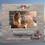 BANBERRY DESIGNS Pet Memorial Frame - The Memory of Our Faithful Friend Will Live in Our Hearts Forever - Rustic Brown Barn Wood Like Background - Pawprint and Heart Design - 4 X 6 Picture Opening