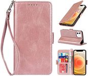 Cavor Luxury PU Leather Wallet for iPhone 12 Mini Back Cover, for iPhone 12mini 5.4'' Case, Flip Folio Cover with [Kickstand Feature] [Card Slots Holder] [Wrist Strap Lanyard] [Magnetic Closure] [RFID Blocking] Shockproof Protective Phone Case for iPhone12 Mini-Rose Gold