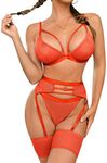 popiv Women's Sexy Lingerie Set with Garter Belt Matching Bra and Panty Lingeries Sets 4 Piece, Neon Orange, X-Large