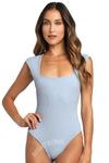 SIGHTBOMB CAP SLEEVE SQUARE NECK RIBBED STRETCHABLE SHAPEWEAR BODYSUIT FOR WOMEN (SMALL, BLUE)