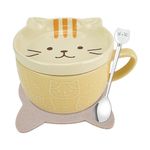 QLFJ-FurDec Cat Mug Cute Ceramic Coffee Cup, Lovely Morning Cup Milk Tea Mugs with Novelty Lid, Spoon and Coaster, Kawaii 3D Animal Cat Mugs for Cat Lovers Women Birthday Gifts, 300ML (Yellow)