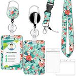 Flower ID Badge Holder with Lanyard for Women, Stylish Badge Reel Retractable with Lanyards Adjustable, ID Card Holder Keychain Name Badge Clip, Nurse Teacher Gifts, Green