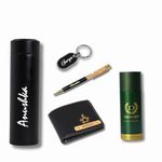 Thabaegift Customised Gift Set for Men - Leather Wallet, Water Bottle with Lid, Keychain, Pen and Body Spray | Personalized Gift for Him Birthday Anniversary Wedding (Hamper 3)