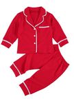 Miolasay Kids Baby Boy Girl Cotton Pajamas Set Long Sleeve Lapel Ruffle Hem Buttons Red Tops + Pants Suit Sleepwear Nightwear Homewear (B-Red, 6-12 Months)