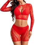 Avidlove Fishnet Lingerie for Women Two Piece Lingerie Set Sexy Long Sleeve Nightwear Mesh Clubwear Red